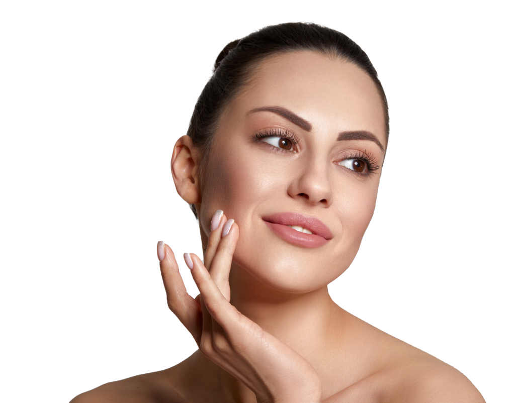 young beautiful woman showing her perfect skin face
