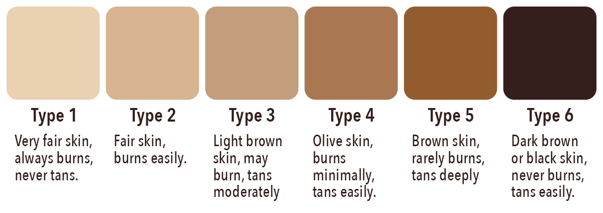 scale of six different types of pigment's tones